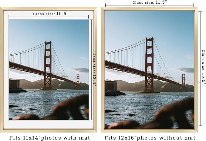 Frametory, 12x16 Metal Picture Frame with Mat for 11x14 Picture & Real Glass, Aluminum Photo Frame Collection (Gold, 2 Pack)