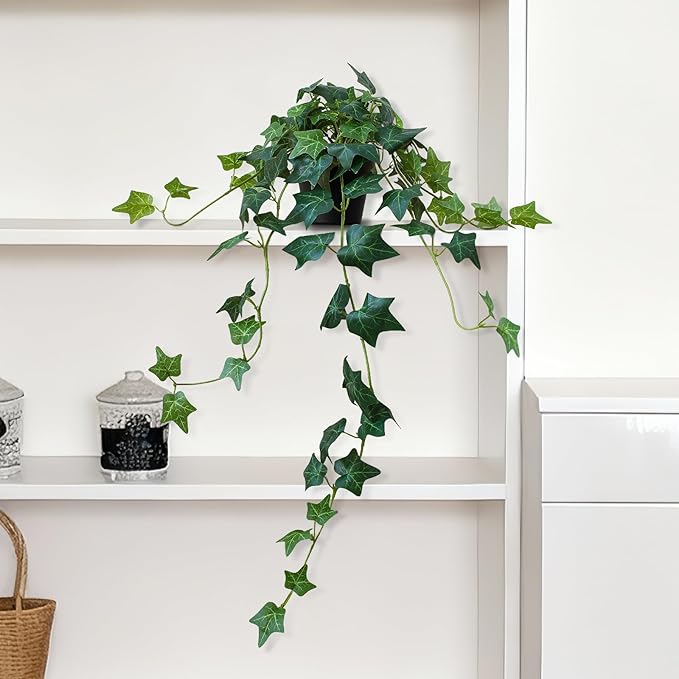 Fake English Ivy Artificial Plants - Realistic Artificial Silk Ivy Vines with Pots, Faux Plants Indoor Home Decor, Low Maintenance Hanging Plant Decoration