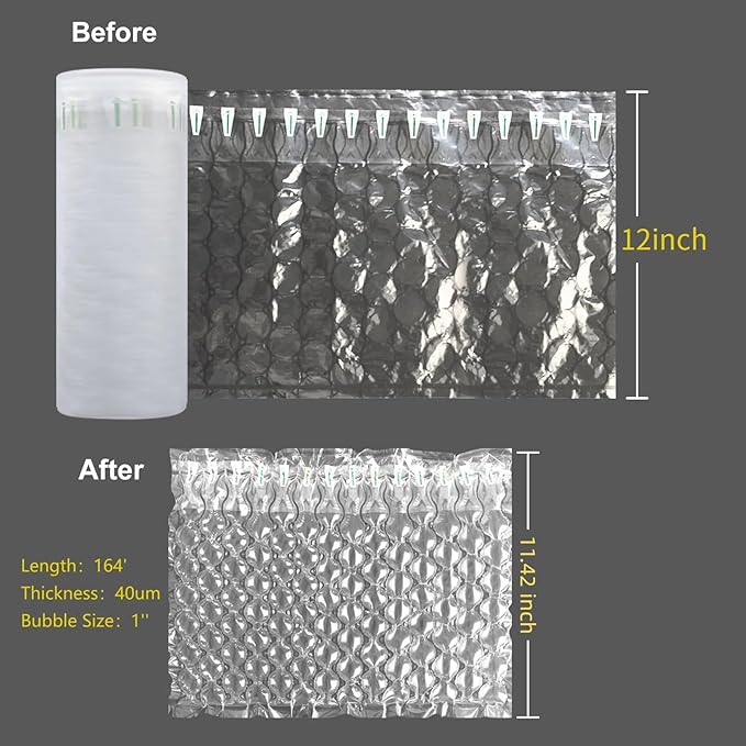 Inflatable Bubble Cushioning Wrap Roll Bottle Shipper Protector Sleeve 12"x164' Large Size Air Bubbles Packing Supplies for Fragile Items, Air Pillows for Shipping Moving Packaging Material