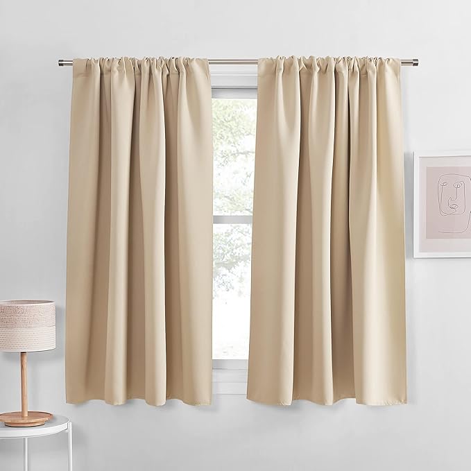 PONY DANCE Beige Kitchen Curtains - Window Treatments Rod Pocket Energy Efficient Blackout Curtain Panels Room Darkening Home Decor for Kids'Room, 52-inch Wide by 45 Long, Biscotti Beige, 2 PCs