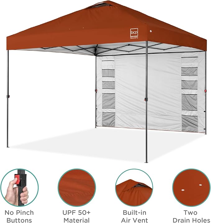 Best Choice Products 10x10ft Easy Pop Up Canopy w/Side Wall, 10 Pockets, Portable Carrying Case, 1-Button Setup, 4 Weight Bags - Rust