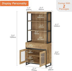 WAMPAT Modern 72" Tall Bookcase with Drawer and Open Book Shelfs, Library Book Shelf with Glass Doors Storage Cabinet, Wood Freestanding Bookshelf for Home Office, Living Room, Oak