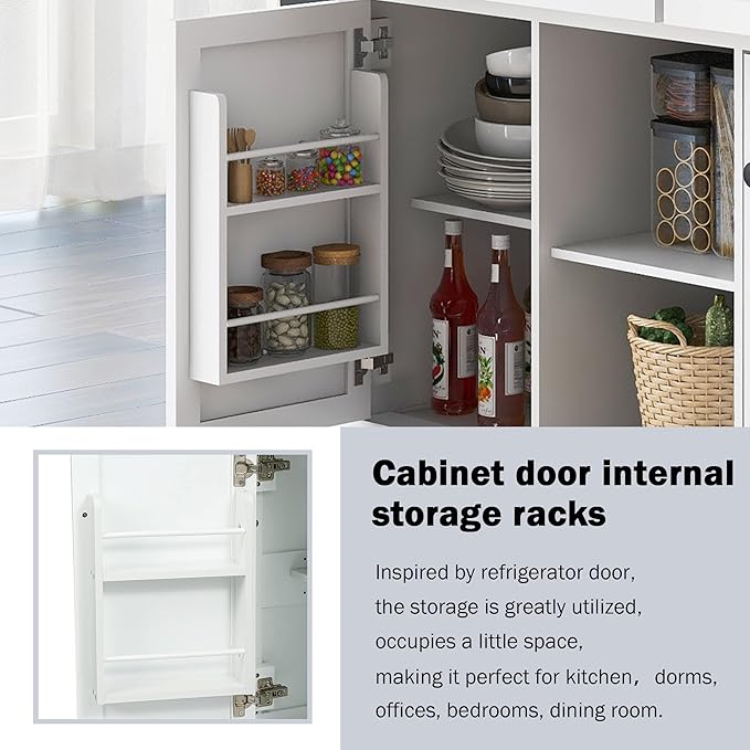 Yayzy Rolling Kitchen Island with 2 Bar Stools, Drop Leaf, Cabinet Door Storage Racks & 3 Drawers, Mobile Kitchen Cart with Rubberwood Top & Locking Wheels for Dining Room & Kitchen, 53-Inch, White