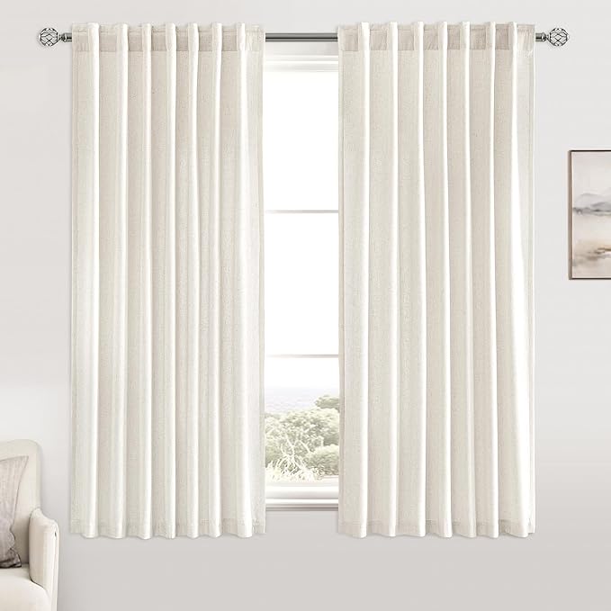 MIULEE Non-See-Through Privacy Linen Curtains 2 Panels, Light Filtering Window Curtains Farnhouse Textured Back Tab Semi Sheer Drapes for Bedroom Living Room, 52 x 54 Inches Long, Natural White