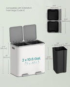 SONGMICS Trash Can, 2 x 10.6 Gallon (2 x 40 L) Garbage Can for Kitchen, with 15 Trash Bags, 2 Compartments, Plastic Inner Buckets and Hinged Lids, Airtight, White and Gray ULTB730W80