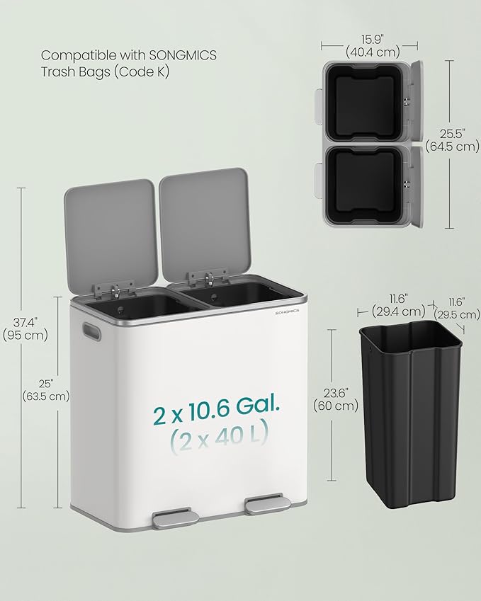 SONGMICS Trash Can, 2 x 10.6 Gallon (2 x 40 L) Garbage Can for Kitchen, with 15 Trash Bags, 2 Compartments, Plastic Inner Buckets and Hinged Lids, Airtight, White and Gray ULTB730W80