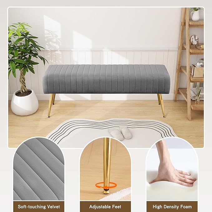 Furnimart 44 Inch Gray Velvet Modern Ottoman Bench, Modern Upholstered Bedroom Benches Footrest Stool Indoor Bench for Entryway Living Room Bedroom Dining Room (Velvet-Grey)