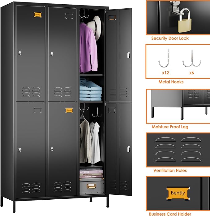 Aobabo Upgraded Metal Storage Locker for Employees, 6 Doors Metal Lockers Cabinet with Lock and Name Card Slot, Industrial Storage with 18 Hooks, for Office Gym, Assembly Required, Black