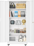Superday Garage Storage Cabinet with Wheels，73" H Metal Storage Cabinet with Doors and Adjustable Shelves, Lockable Steel Utility Tool Cabinets for Garage, Home Office, Kitchen(White)