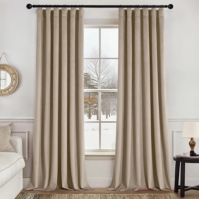 MIULEE Velvet Curtains 96 Inches Long 2 Panels Set for Bedroom, Pinch Pleat Back Tab Thermal Insulated Living Room Darkening Drapes Pleated Blackout Floor to Ceiling Curtains with Hooks, Camel Beige