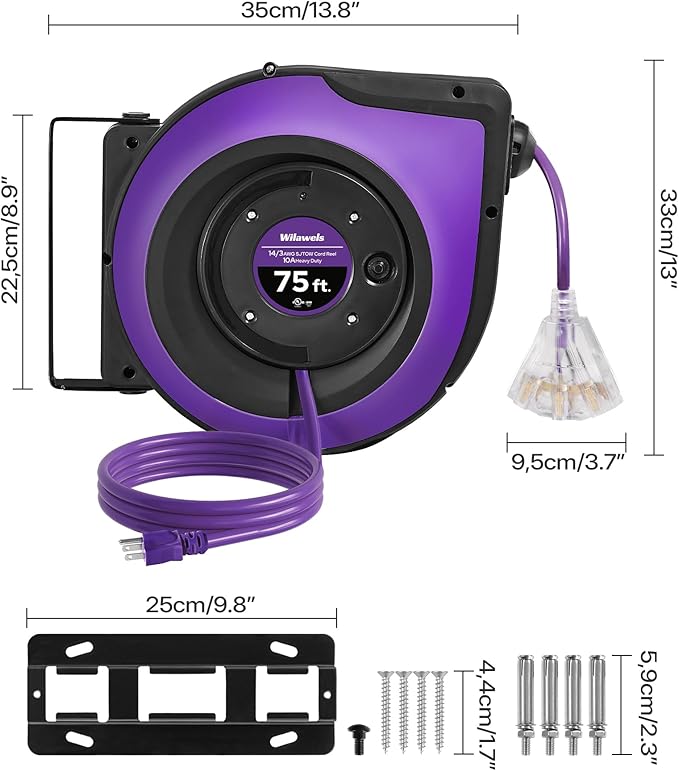 Extension Cord Reel, 75 FT Retractable Extension Cord Reel, 14AWG/3C SJTOW, Lighted Triple, 10A Circuit Breaker, Wall/Ceiling Mounted, Heavy Duty Power Cord, UL Listed, Purple P75CR06