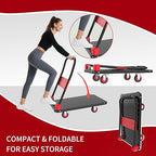 Foldable Push Cart Dolly, 330lbs Flat Bed Carts with Wheels & Anti-Collision Strips, Heavy Duty Platform Truck for Household Tasks, Moving, 360° TPR Mute Wheels for Easy Maneuver, Black Red