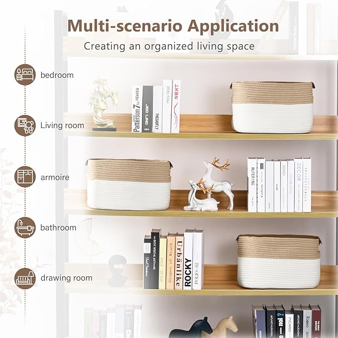 Cotton Rope Storage Baskets,15x10x9 in,Foldable Storage Bins, Decorative Woven Basket Cube Storage Organizer for Laundry, Towel, Clothes (White/Beige-3Pack, 15x10x9 inches)