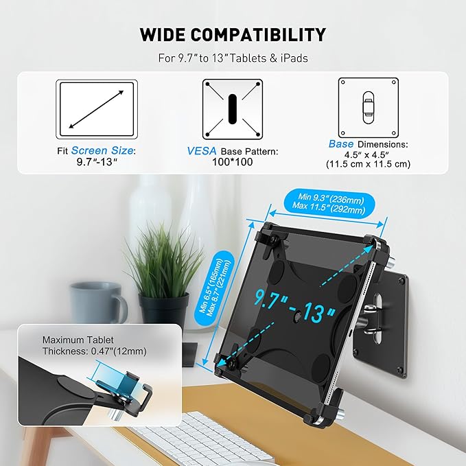 AboveTEK Universal Tablet Wall Mount, Anti-Theft iPad Mount with Locking Enclosure for 9.7"-13" Screen, Heavy-Duty Aluminum Kiosk for Business POS Display, Adjustable 360° Swivel & Tilt VESA Mount