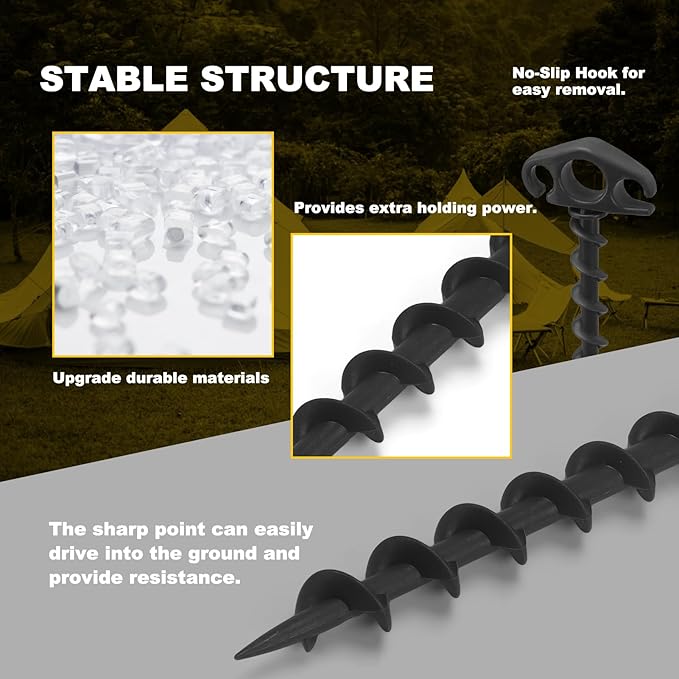 Tent Stakes Ground Anchors Screw in, 6 Pack Sand Stakes for Beach 9.4 Inch Heavy Duty Spiral Tent Pegs for Camping, Party, Hiking, Outdoor Decoration (6, Black)