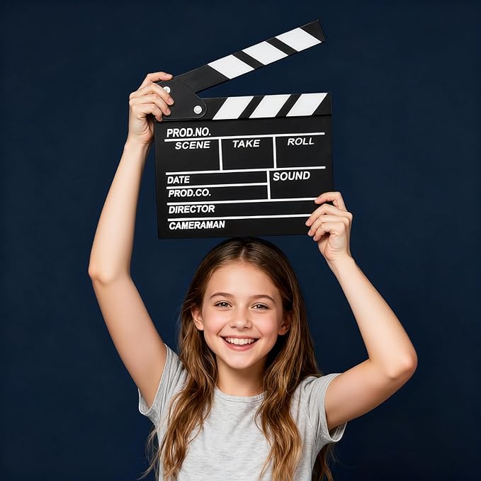 Movie Film Clapboard Hollywood Wooden-Clapper Board Directors Photography Studio Video TV Clapper Board with Erasable Pen Movie Theater Props Decor，Black Clap Board 7.8 X 7.5 inches