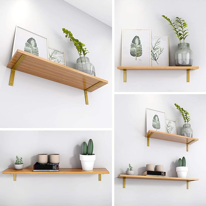 Gold Heavy Duty Shelf Brackets 8 Inch, Extra Thick L Shelving Brackets, Rustic Gold Iron Floating Shelves Wall Mounted with Hardware for DIY Open Shelving, 4 Pack