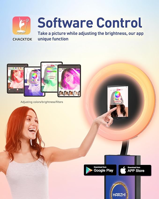HARZHI Portable Photo Booth Compatible with Ipad, Large Lightbox Ipad Photo Booth for Christmas Wedding Party Provide ChackTok Software APP VIP, Free Custom Logo, Flight Case