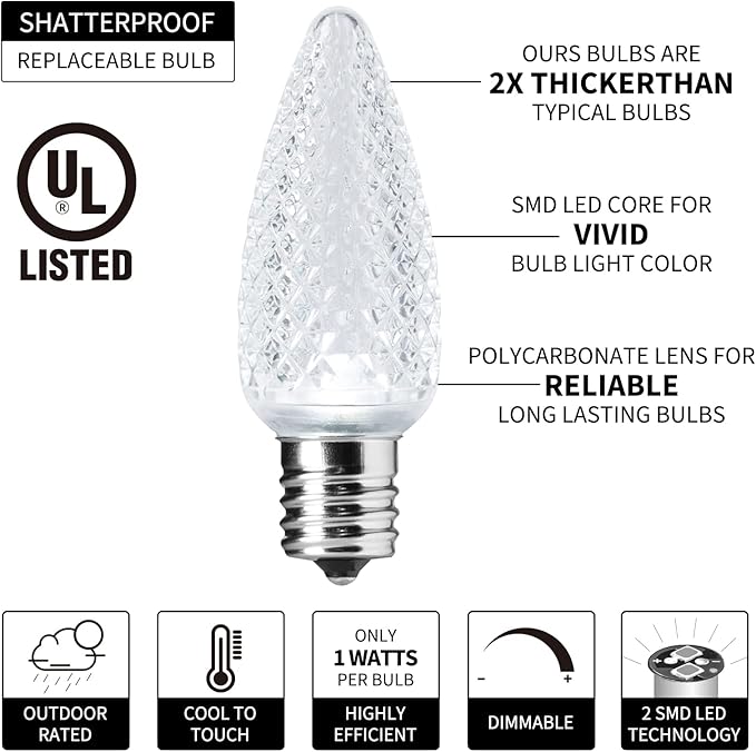 C9 Christmas String Lights Outdoor 50 Feet Led Christmas Lights, 50+2(Spare) Strawberry Bulbs Connectable UL Certified for Indoor Outdoor Roofline Patio Holiday Party Backyard Xmas Decor Pure White