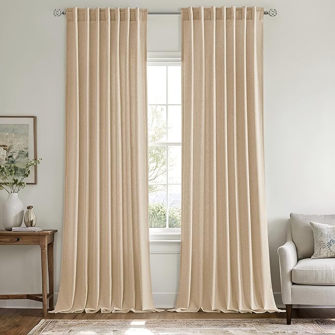 MIULEE Non-See-Through Privacy Linen Curtains 2 Panels, Light Filtering Window Curtains Farnhouse Textured Back Tab Semi Sheer Drapes for Bedroom Living Room, 52 x 90 Inches Long, Light Brown