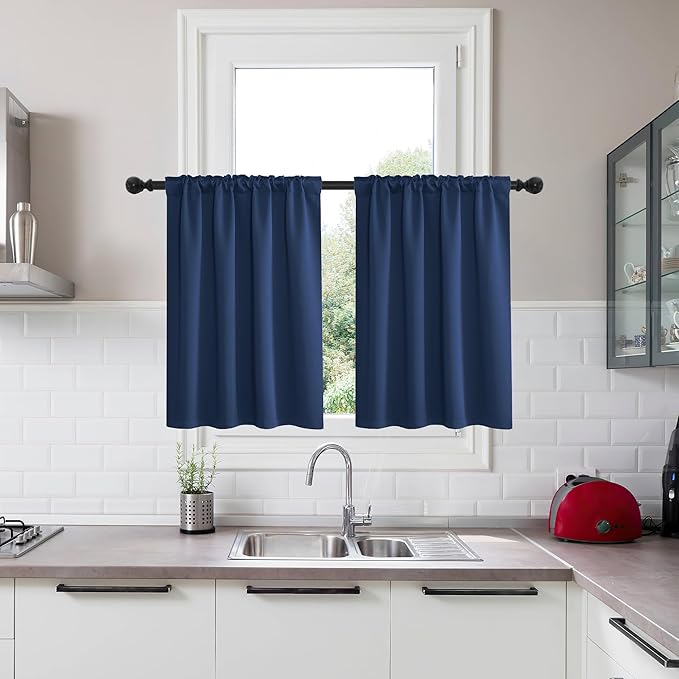 KGORGE Kitchen Window Curtains 36 inches, Blackout Privacy Half Window Curtains for Bedroom Bathroom Dining Living Room Cafe Office Short Tiers, W34 x L36 inches, Blue, 2 Panels