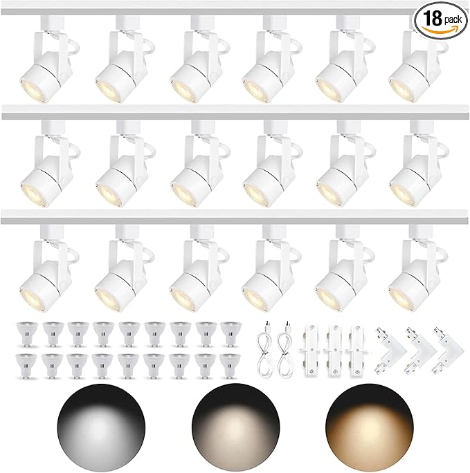 Dimmable LED GU10 White Track Lighting Kit with Replaceable GU10 Bulbs,18-Pack All-in-One Plug in 3CCT Ceiling Spotlights with 19.68FT Track Rails,Accent Lighting for Home,Store,Moblie Cart and Office