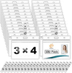 Clear Plastic Horizontal Name Tag Holder and Metal Badge Clip with Vinyl Straps Waterproof PVC ID Card Holders (100 Pack, Horizontal Large 3x4)