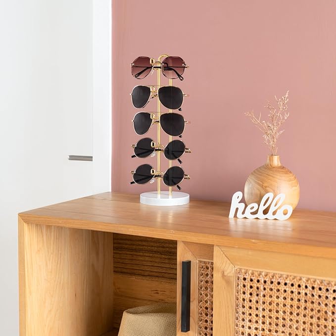 Mkono Sunglasses Organizer Glasses Holder Stand Sunglass Storage Eyeglasses Rack Metal Frame with Wood Base for 5 Pairs of Eyewear Display for Table Desk Countertop Dresser Bedroom, Set of 1, Gold