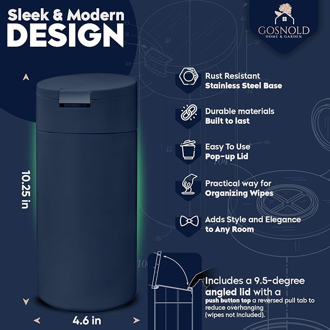 Extra Large Refillable Disinfecting Wet Wipes Dispenser (Navy Blue) | Fits Clorox, Lysol, Bleach, Sanitizing | Durable Reusable Wipes Holder for Kitchen, Bathroom, Office | Gosnold Home & Garden
