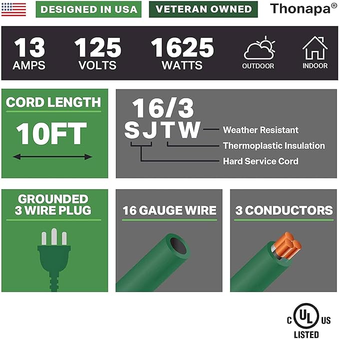 Weatherproof Green Extension Cord 10 ft, 2 Pack, 16/3 SJTW Water Resistant Outdoor Extension Cord 10 Foot 3 Prong, 13 AMP Electric Cable for Outside, Outdoor Lights & Landscaping