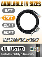Lighted End Heavy Duty Outdoor Extension Cord Waterproof -16AWG, 3 Prong, 15A, 1875W, Flexible Black Power Extension Cord for Outsides, 15ft