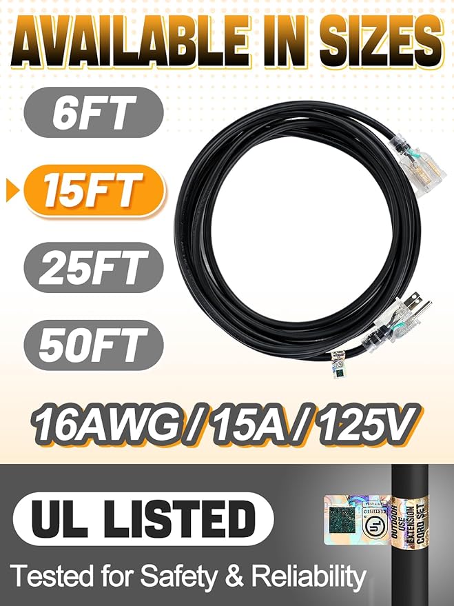 Lighted End Heavy Duty Outdoor Extension Cord Waterproof -16AWG, 3 Prong, 15A, 1875W, Flexible Black Power Extension Cord for Outsides, 15ft