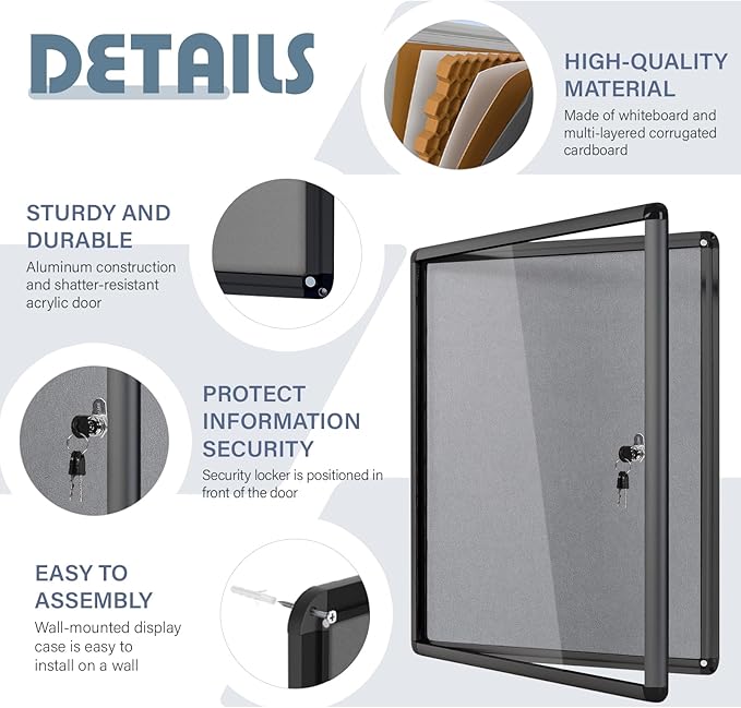 Enclosed Bulletin Board 24x18 in, Lockable Felt Board Bulletin Board for Office School Home Commercial, Tamperproof and Shatter Resistant, Black Aluminum Frame, Grey Felt