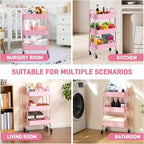 AGTEK 3-Tier Rolling Carts with Wheels, Rolling Utility Cart with Iron Frame for Kitchen, Plastic Shelves, Living Room, Office, Pink