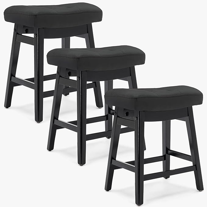 Counter Height Black Bar Stools Set of 3 for Kitchen Counter, Backless Farmhouse Kitchen Island Barstools with Upholstered Faux Leather Saddle Seat and Solid Wood Legs Modern 24 inch Bar Chairs