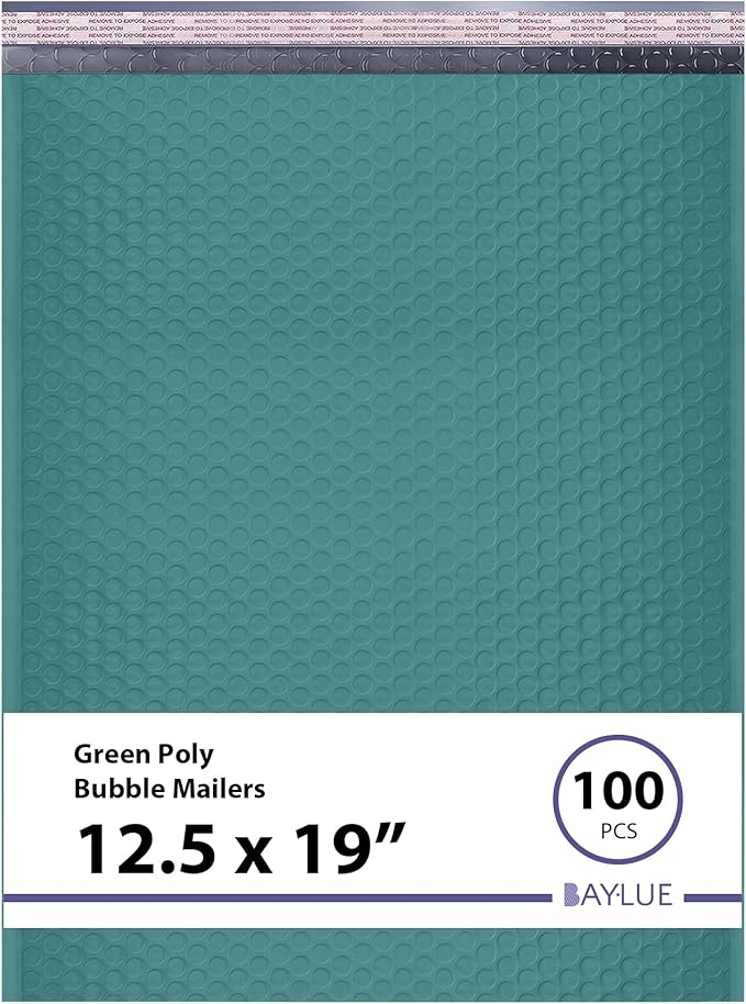 Green 12.5x19.5 Inch Large Poly Bubble Mailers #6 | Padded Envelopes with Self Seal | Air Lined Cushioned Bubble Mailer | Usable Size 12.5x15 | 100 Pack Bulk | Lightweight shipping Bags
