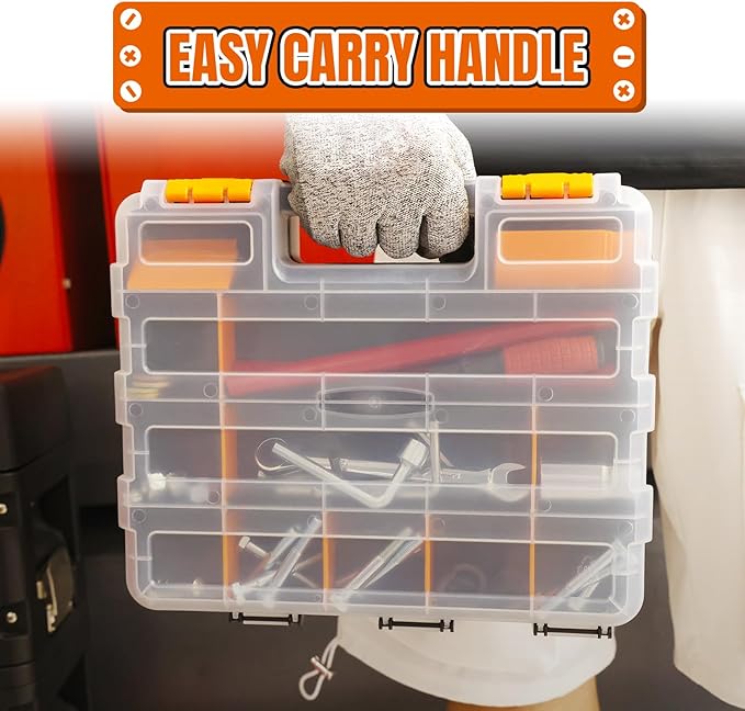 Generic Tool Box with Transparent Lid, Double Side 34-Compartments Organizer Box with Removable Dividers for Hardware, Screws, Bolts, Nails, Beads, Jewelry and Fishing Accessories, Orange, 4 Packs