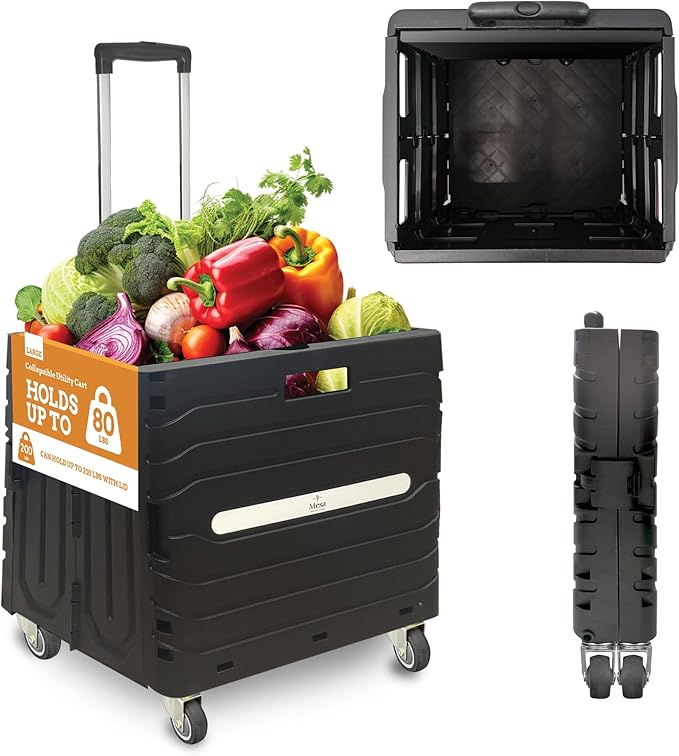Inspired Living Collapsible Folding Utility Cart, Heavy-Duty Rolling Crate with 360° Wheels, Telescoping Handle, Hidden Lid, Holds 200 Lbs, Black