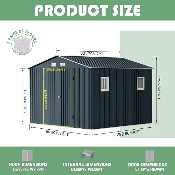 Breezz Outdoor Storage Shed 10 x 10 ft. Utility Tool Shed Metal Storage Garden Shed with Lockable Doors, Windows for Patio Storage,Nightblue