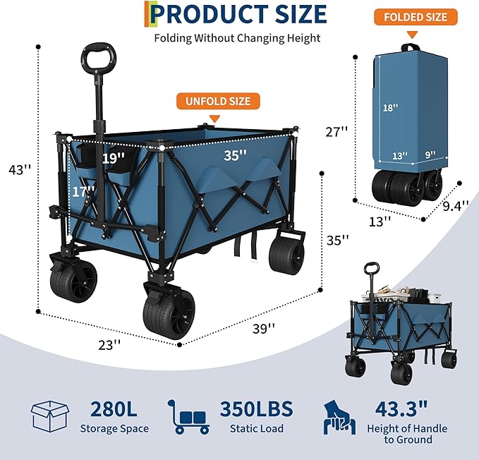 35" Foldable Wagon for Beach with 350lbs Weight Capacity, Heavy Duty 280L Extra Large Collapsible Foldable Wagon for Camping, All Terrain Beach Wagons Extended with Cup Holders for Sand