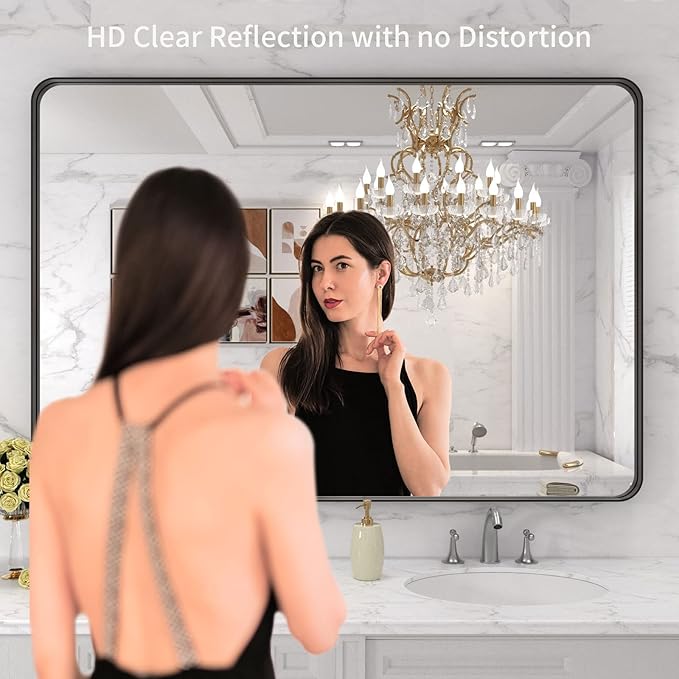 LOAAO 48X30 Inch Black Metal Framed Bathroom Mirror for Wall, Matte Black Bathroom Vanity Mirror Farmhouse, Large Rounded Rectangle Mirror, Anti-Rust, Tempered Glass, Hangs Horizontally or Vertically