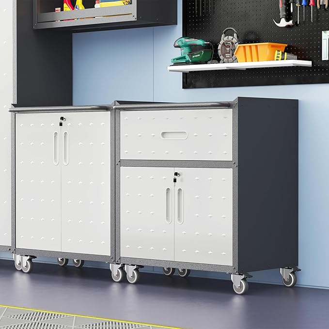 Metal Storage Cabinet with Wheels, Rolling Tool Chest with Adjustable Shelf & Handle, Lockable Garage Cabinet with 1 Drawer and 2 Doors, Mobile Steel Locker for Office, Workshop, Black&Grey