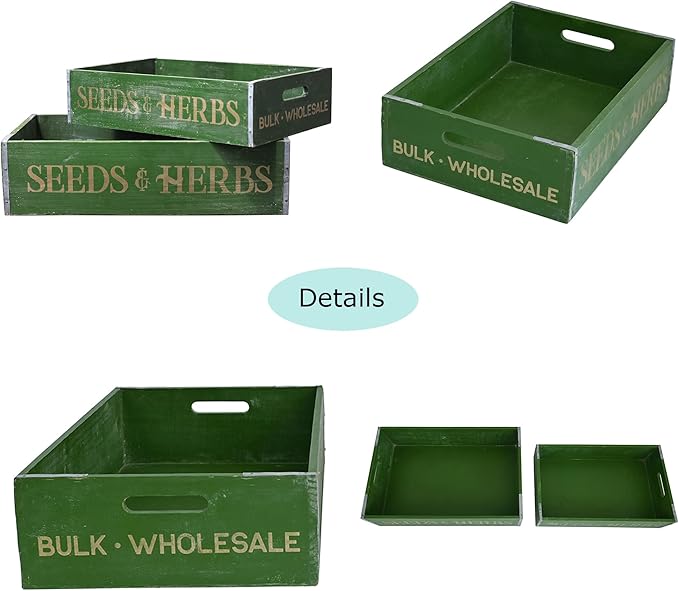 Extra Large Wooden Crate Set of 2 Rustic Wood Storage Crates Farmhouse Nesting Wooden Crate Basket Vintage Home Decorative Boxes with Handles for Display (Green)