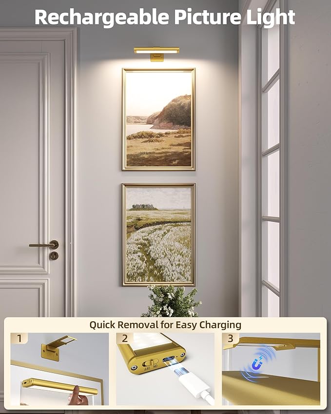 EZVALO Picture Light for Wall, Rechargeable 2400mAh Battery Lights Wireless Remote, 3 Color & Dimmable Magnetic 8'' LED Lights Display for Painting, Living Room, Gallery, Bedroom, Dashboard(Gold-2P)