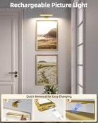 EZVALO Picture Light for Wall, Rechargeable 2400mAh Battery Lights Wireless Remote, 3 Color & Dimmable Magnetic 8'' LED Lights Display for Painting, Living Room, Gallery, Bedroom, Dashboard(Gold-2P)