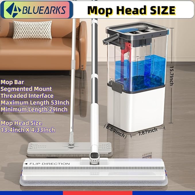 Push-Pull Wringer Mop and Bucket Set, 13.9" Extra Wide Head for Whole House Deep Cleaning, Pet Hair/Stain Removal, Independent Waste Water Tank, 360° Swivel Handle for Hardwood/Tile/Laminate Floors