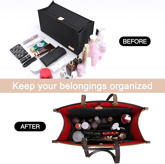 Doxo Purse Organizer Insert, Felt Bag Organizer Insert with Zipper, Tote Organizer Perfect for Lv Onthego MM & D Book Tote Medium (Black-With Cover)