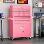 Superday Metal Tool Chest, 8 Drawer Rolling Tool Chest with Wheels, Detachable Tool Storage Cabinet with Lock for Garage, Steel Tool Cart with Liner & Hooks for Workshop, Warehouse (Pink)