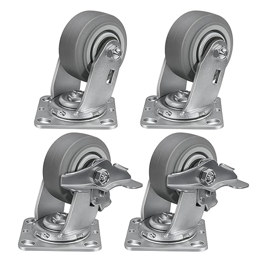 4'' × 2'' Caster Wheels, Heavy Duty Industrial Casters Set of 4 Rubber Wheels, Load 2400lbs Capacity, Swivel Caster for Cart Dolly Toolbox (2 Brake & 2 Swivel)