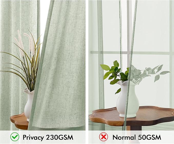 MIULEE Non-See-Through Privacy Linen Curtains 2 Panels, Sage Green Light Filtering Window Curtains 96 Inches Long, Farmhouse Textured Back Tab Semi Sheer Drapes for Bedroom Living Room, Light Green